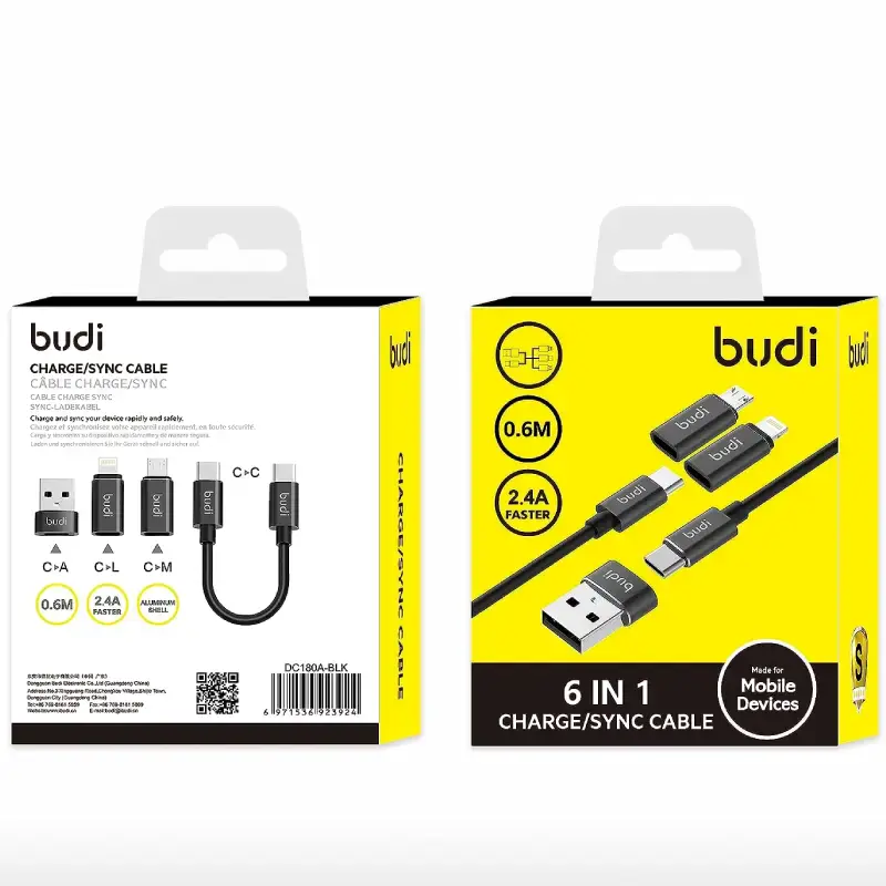 Budi 6 in 1 Charge/Sync Cable 2.4A / 0.6M Black - Image 4